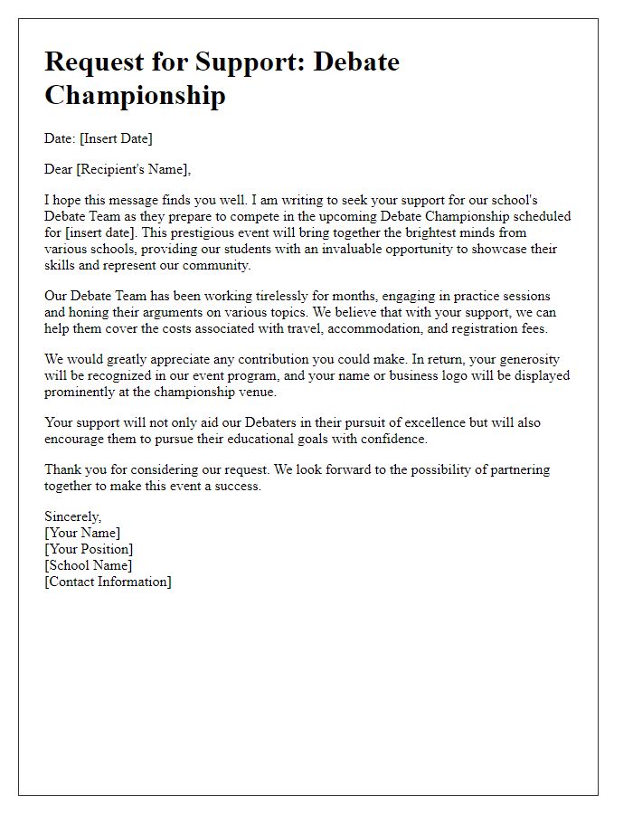 Letter template of support solicitation for debate championship