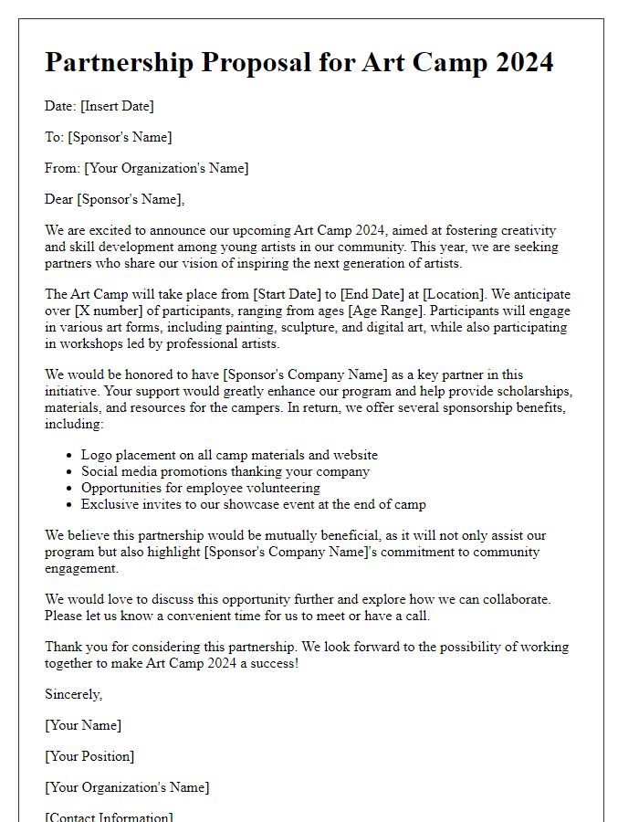 Letter template of art camp partnership proposal for sponsors.