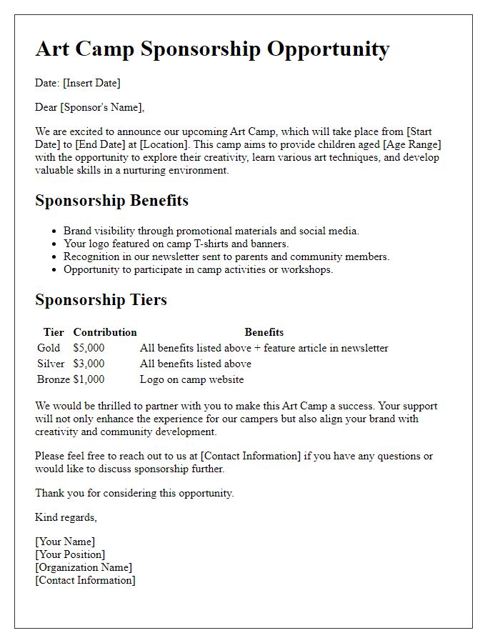 Letter template of art camp sponsorship opportunity outline.