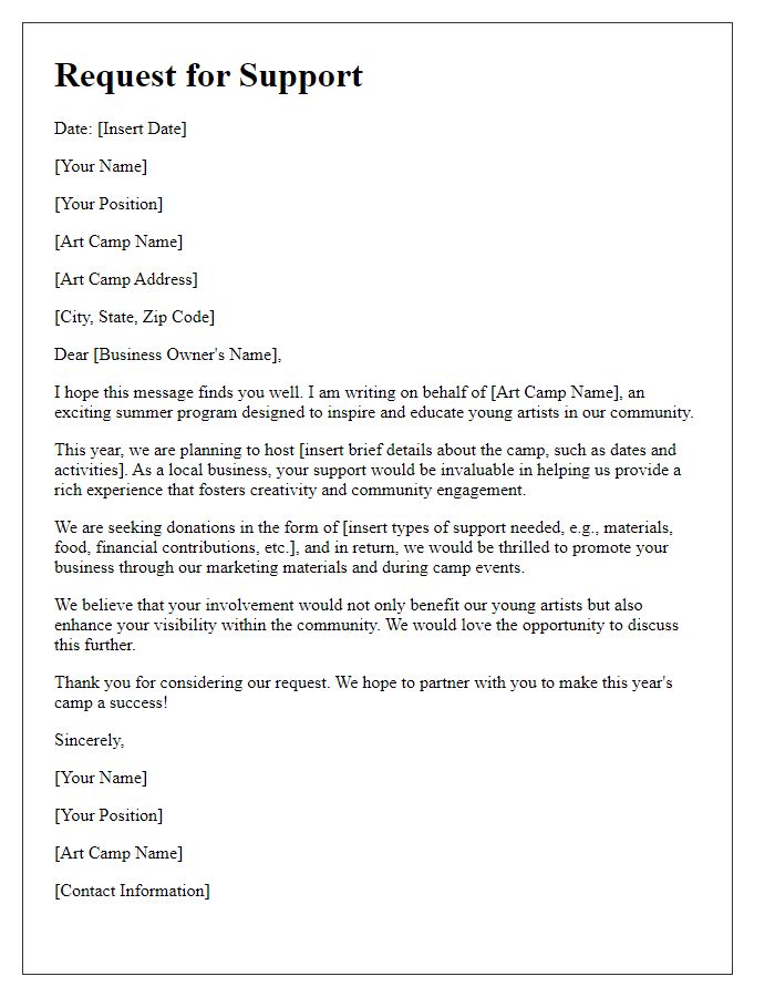 Letter template of art camp support request for local businesses.