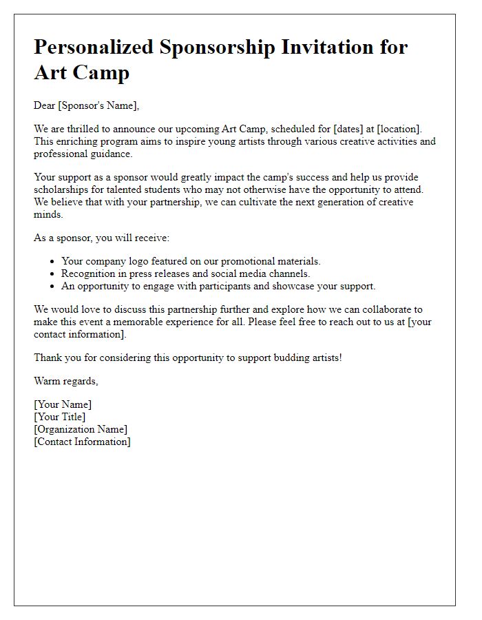 Letter template of personalized sponsorship invitation for art camp.