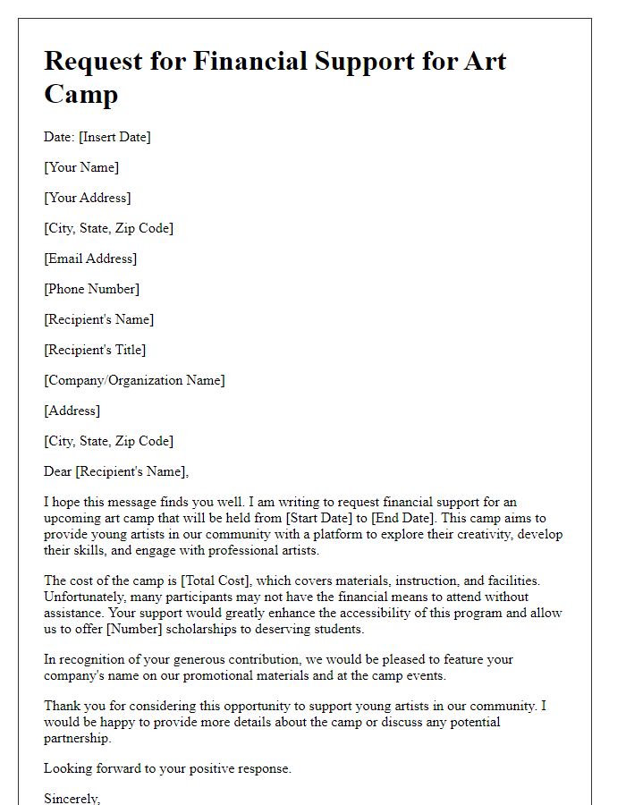 Letter template of request for financial support for art camp.