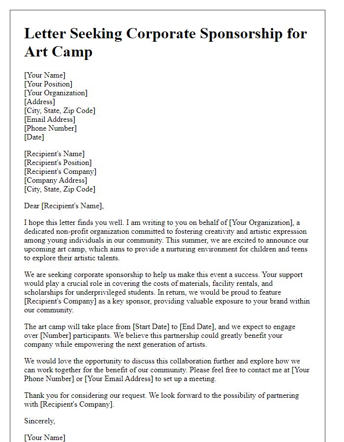 Letter template of seeking corporate sponsorship for art camp.