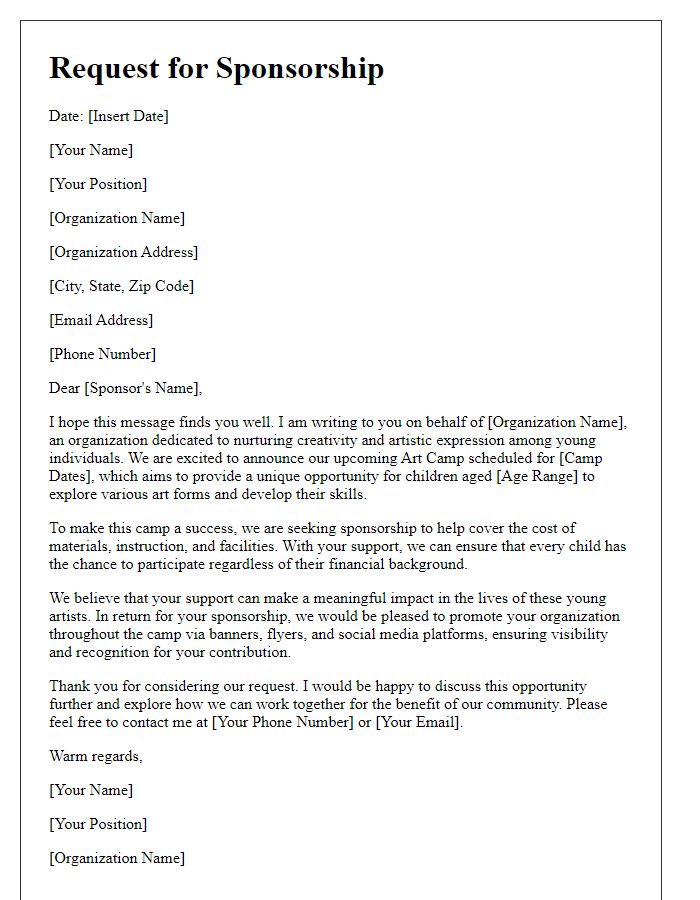 Letter template of sponsorship request for art camp funding.