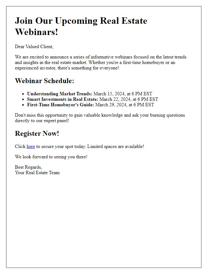 Letter template of promotional announcement for upcoming real estate webinars