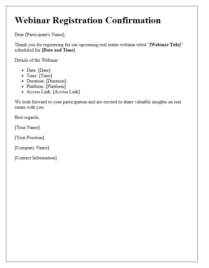 Letter template of registration confirmation for real estate webinars