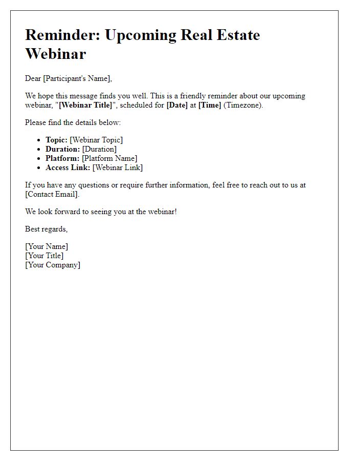 Letter template of reminder for registered participants of real estate webinars