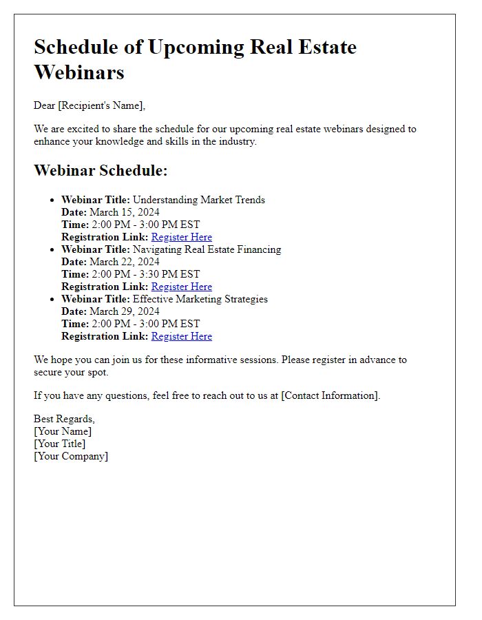 Letter template of schedule details for the upcoming real estate webinars