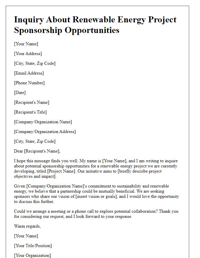 Letter template of inquiry about renewable energy project sponsorship opportunities