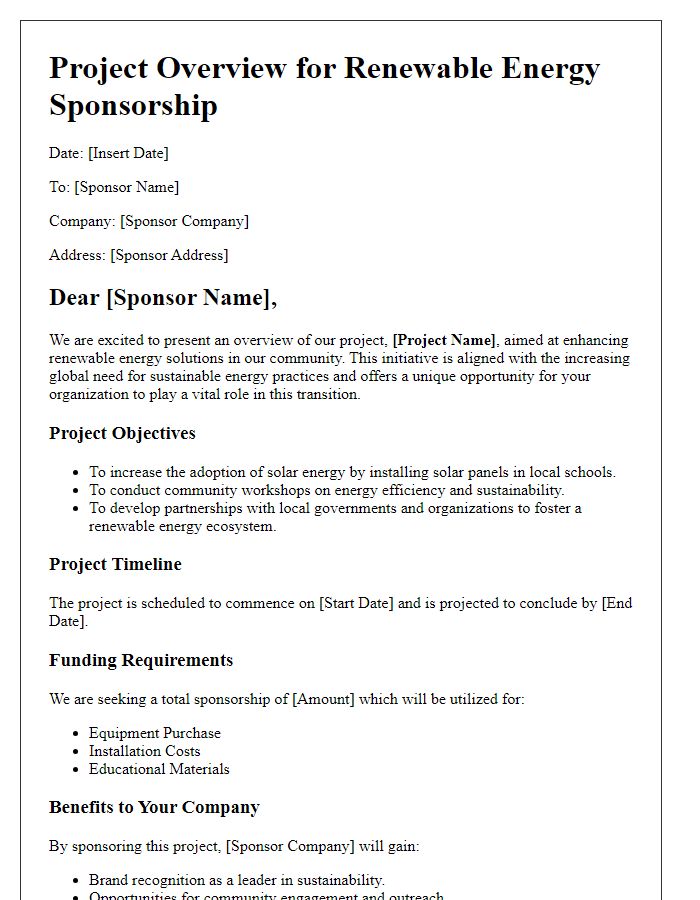 Letter template of project overview for renewable energy sponsorship