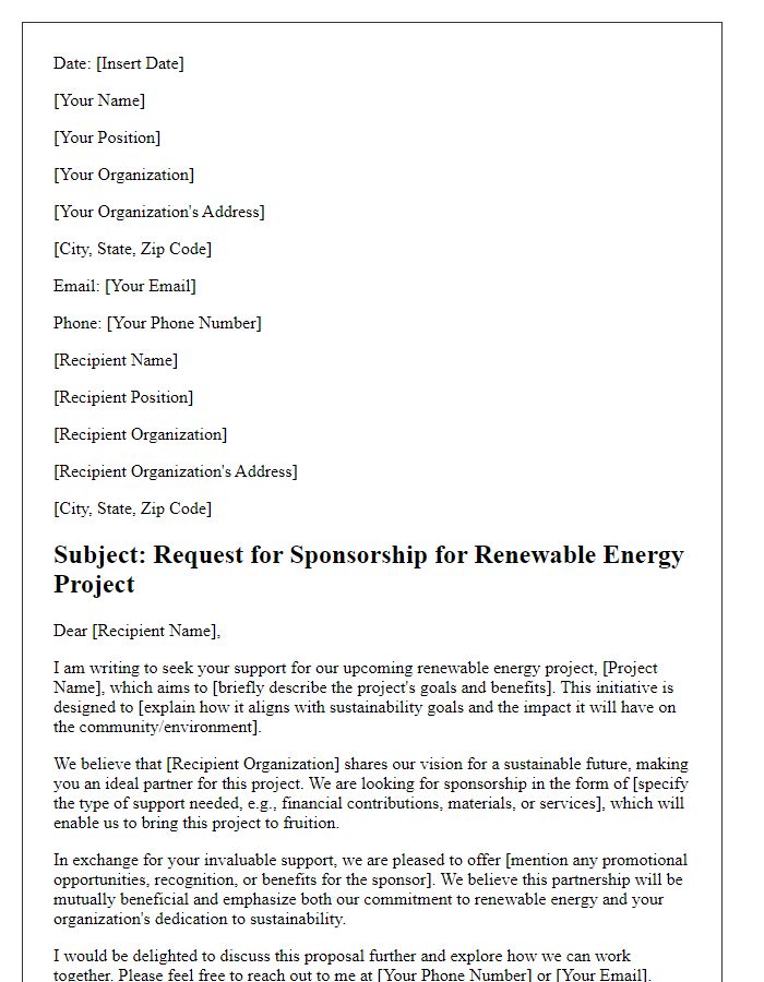 Letter template of request for renewable energy project sponsorship