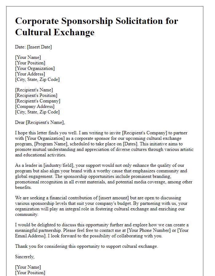 Letter template of corporate sponsorship solicitation for cultural exchange