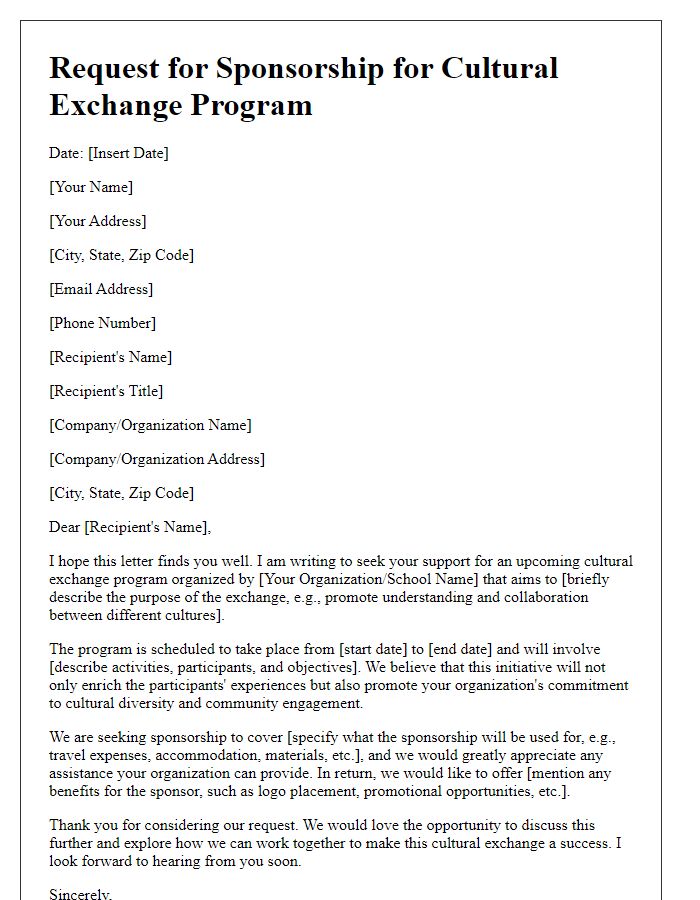 Letter template of cultural exchange sponsorship request