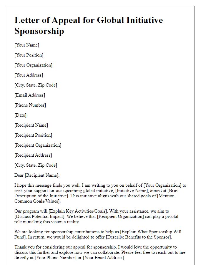 Letter template of appeal for global initiative sponsorship.