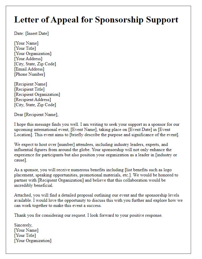 Letter template of appeal for international event sponsorship support.