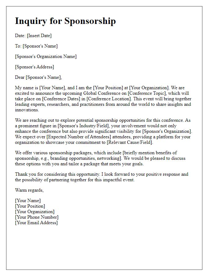 Letter template of inquiry for global conference sponsorship.