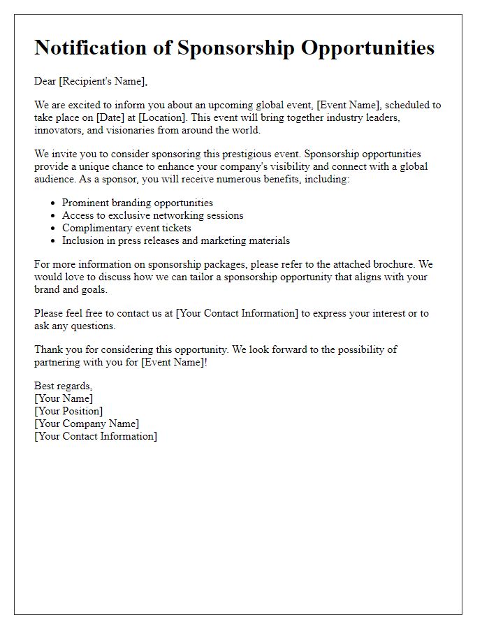 Letter template of notification regarding global event sponsorship opportunities.