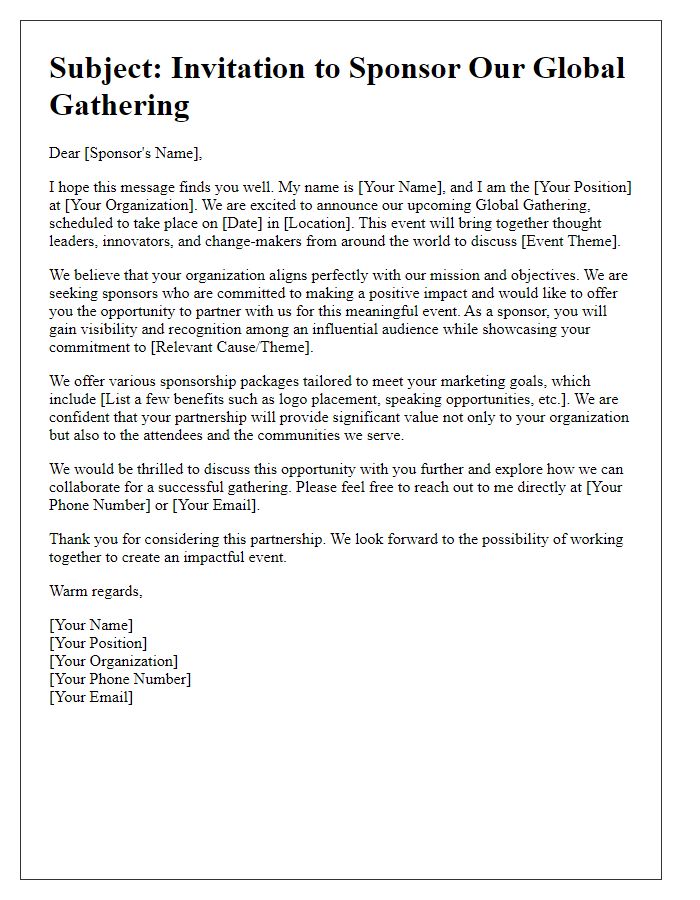 Letter template of outreach for sponsorship of a global gathering.