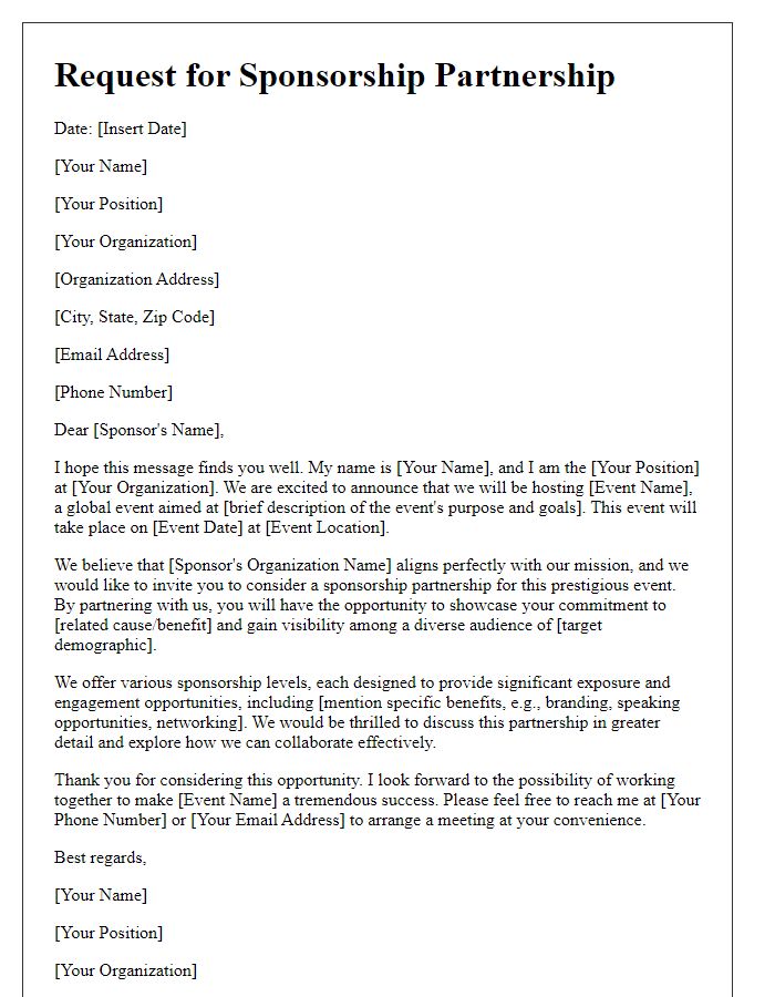 Letter template of request for global event sponsorship partnership.