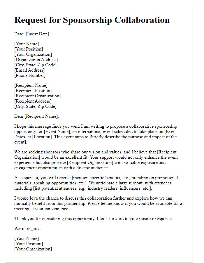 Letter template of request for sponsorship collaboration for an international event.