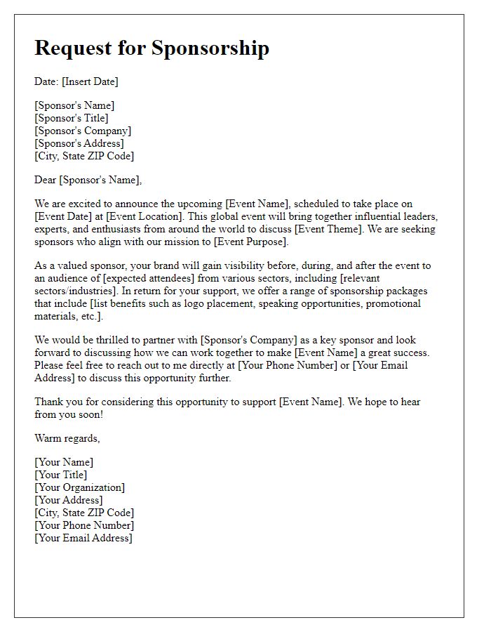 Letter template of solicitation for worldwide event sponsorship.