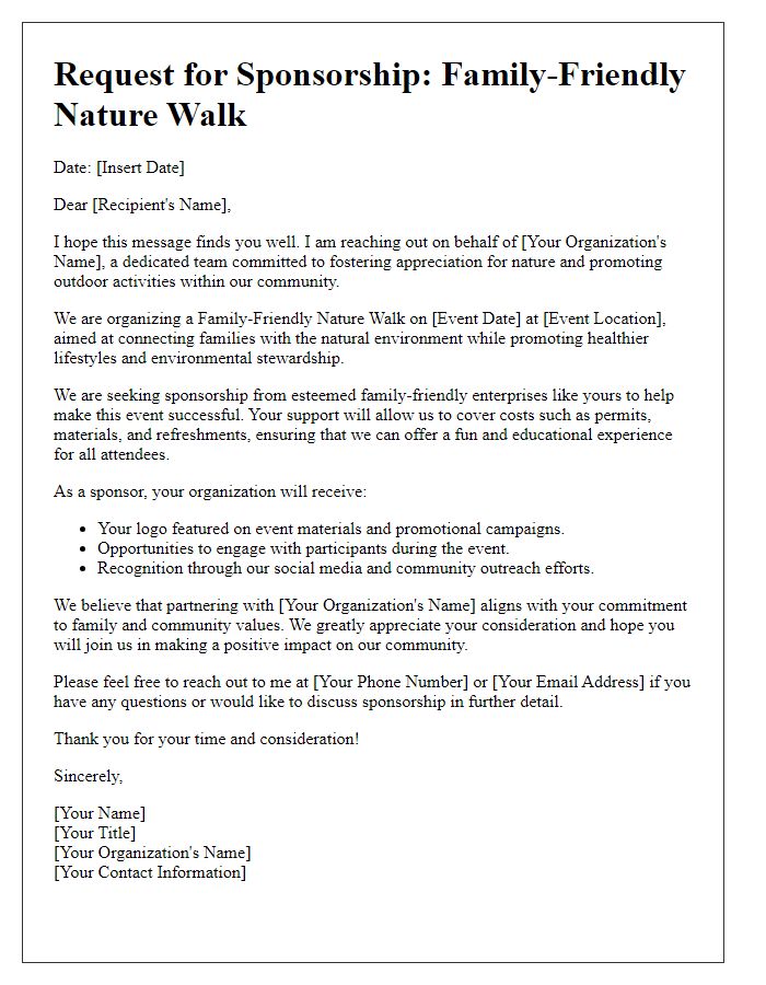 Letter template of nature walk sponsorship ask for family-friendly enterprises