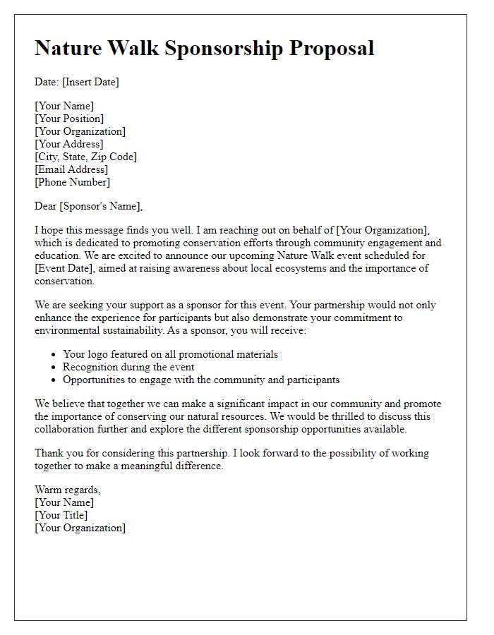 Letter template of nature walk sponsorship collaboration for conservation efforts