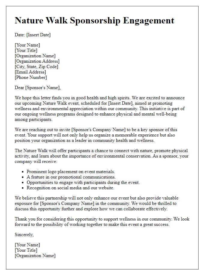 Letter template of nature walk sponsorship engagement for wellness programs