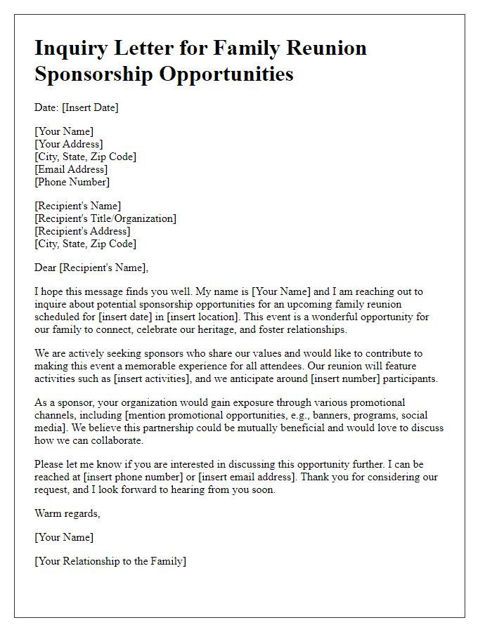 Letter template of inquiry for family reunion sponsorship opportunities