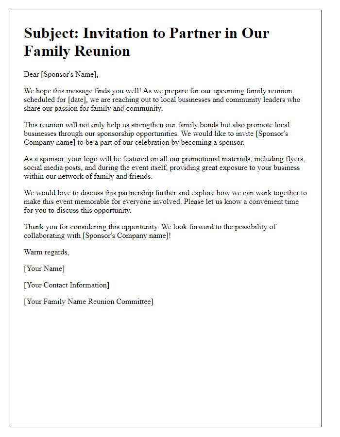 Letter template of outreach to sponsors for family reunion planning