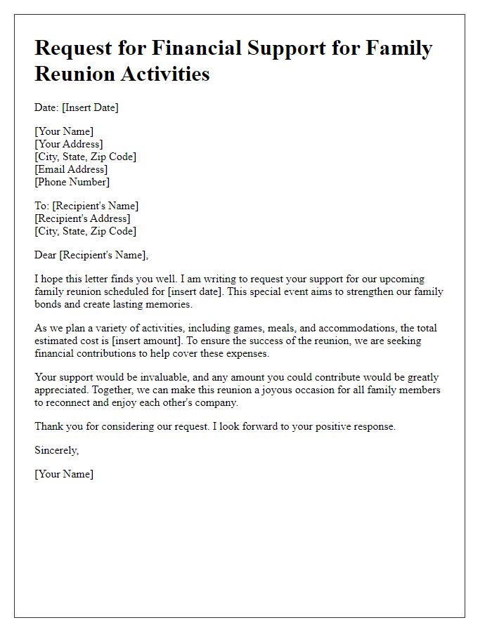 Letter template of request for financial support for family reunion activities