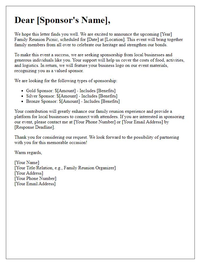 Letter template of solicitation for sponsorship for family reunion picnic