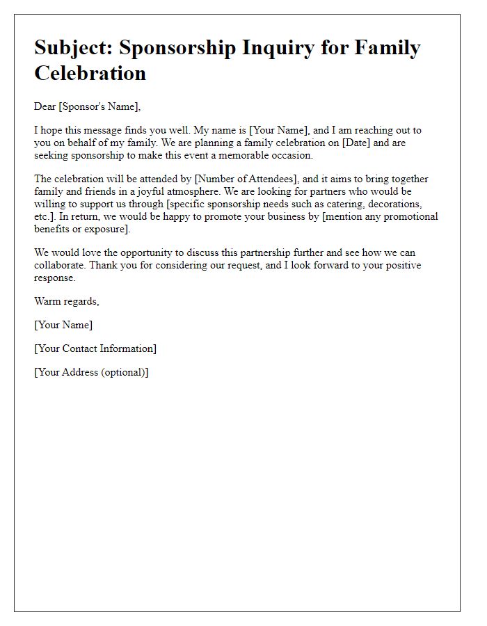 Letter template of sponsorship inquiry for family celebration