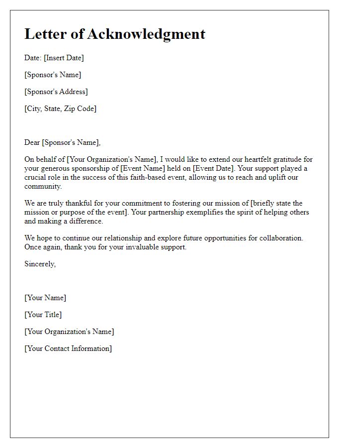 Letter template of acknowledgment for faith-based event sponsorship