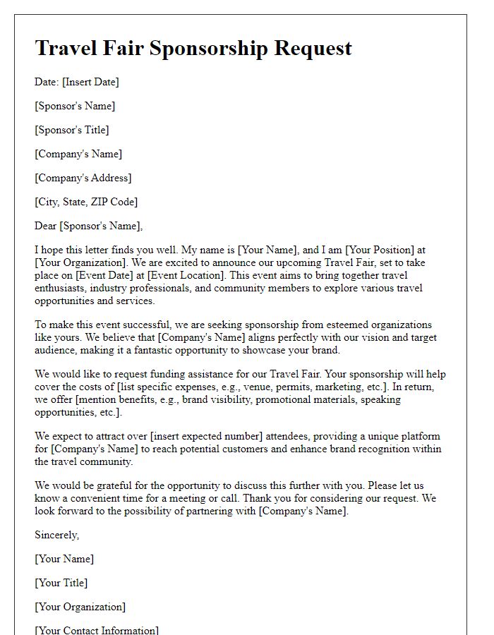 Letter template of travel fair sponsorship document for funding assistance.