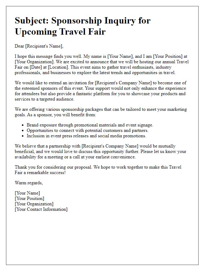 Letter template of travel fair sponsorship inquiry for support.