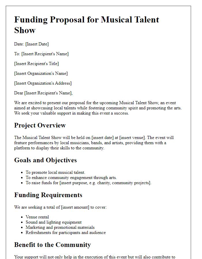 Letter template of funding proposal for musical talent show