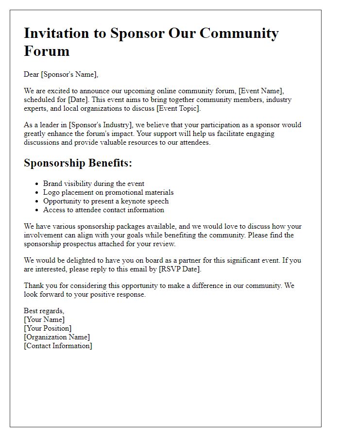 Letter template of online event sponsorship communication for community forum.