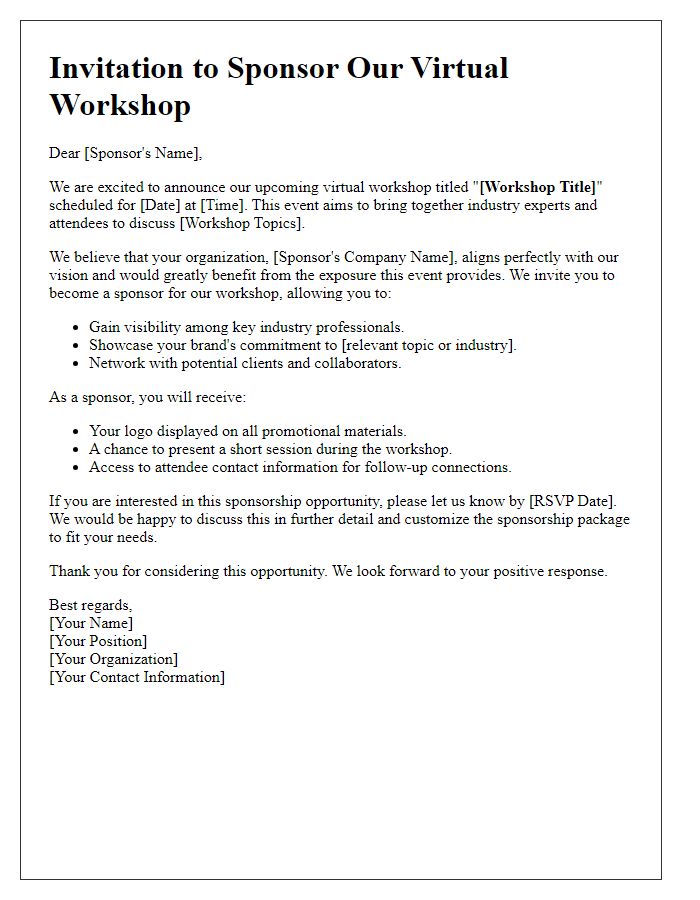 Letter template of online event sponsorship invitation for virtual workshop.