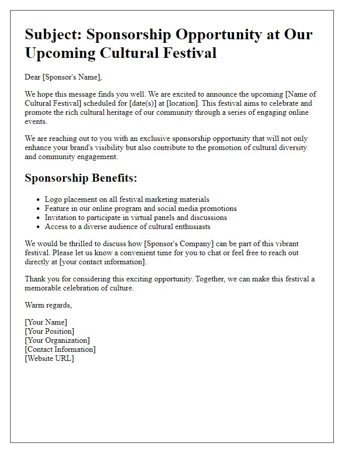 Letter template of online event sponsorship outreach for cultural festival.