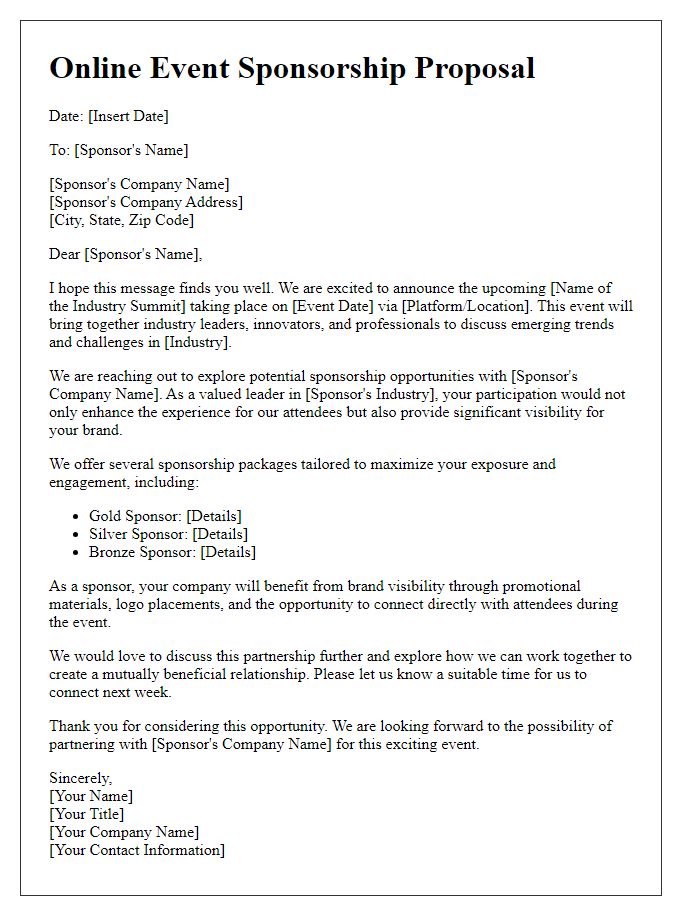 Letter template of online event sponsorship proposal for industry summit.