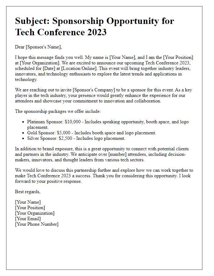 Letter template of online event sponsorship request for tech conference.