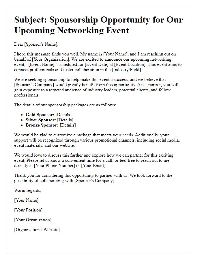 Letter template of online event sponsorship solicitation for networking event.