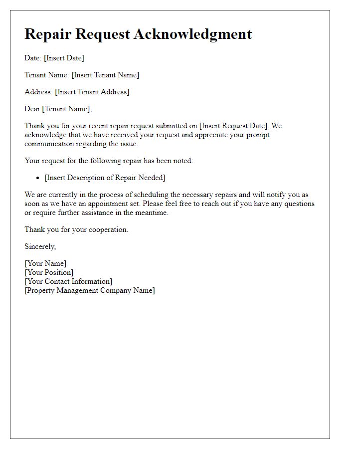 Letter template of tenant repair request acknowledgment.