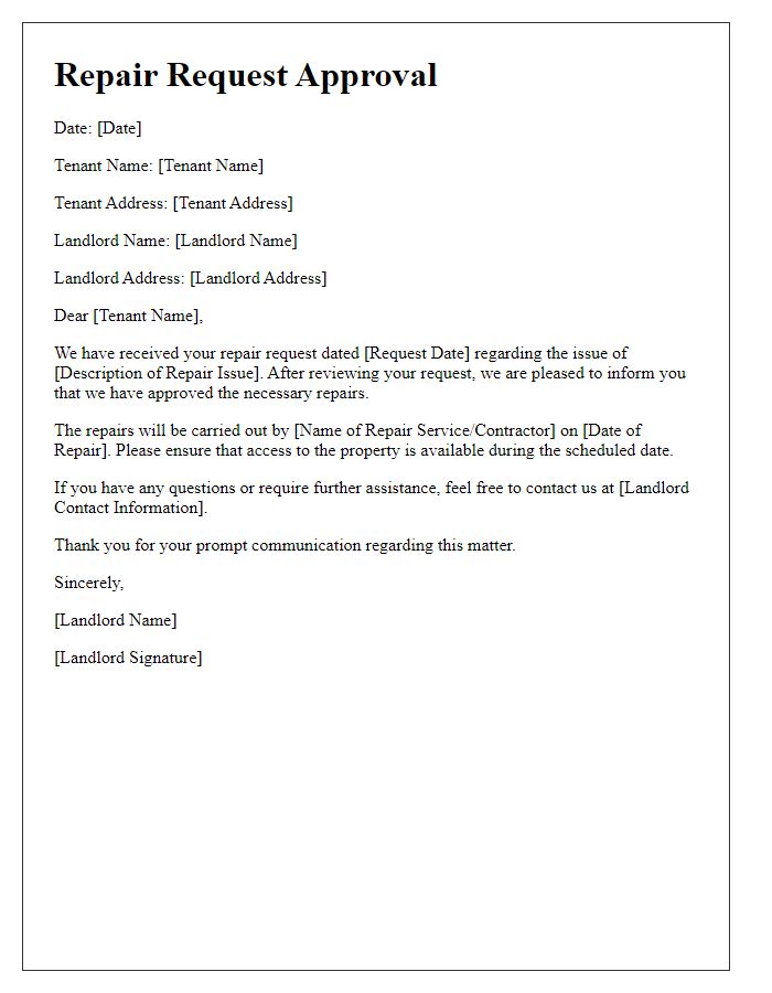 Letter template of tenant repair request approval.