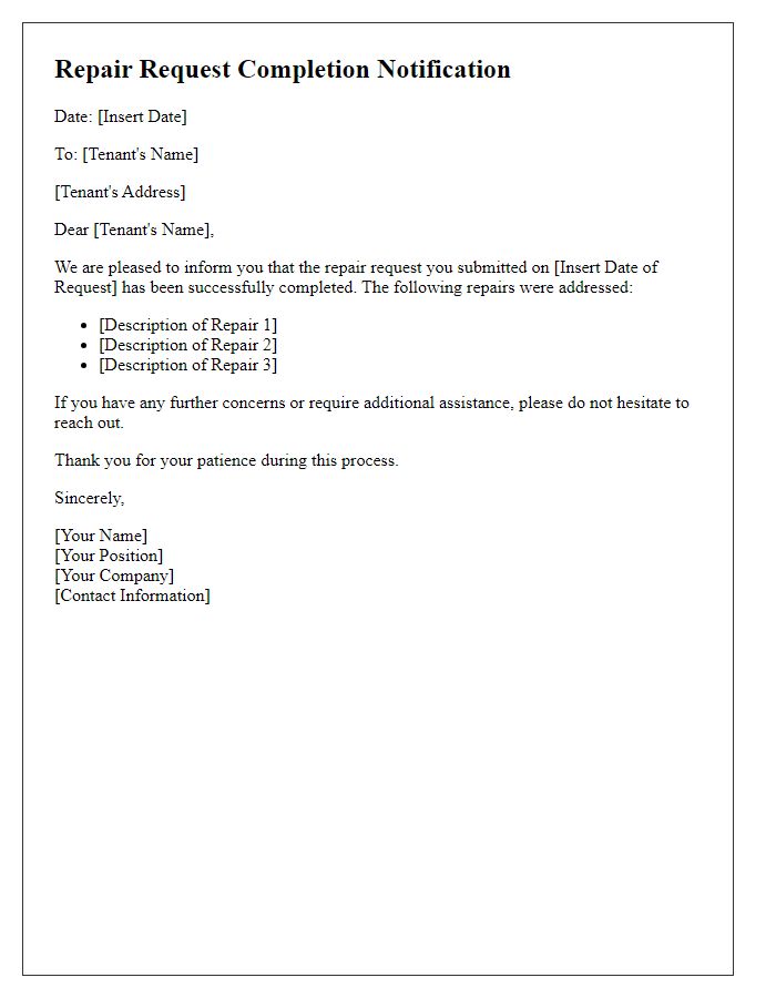 Letter template of tenant repair request completion notification.