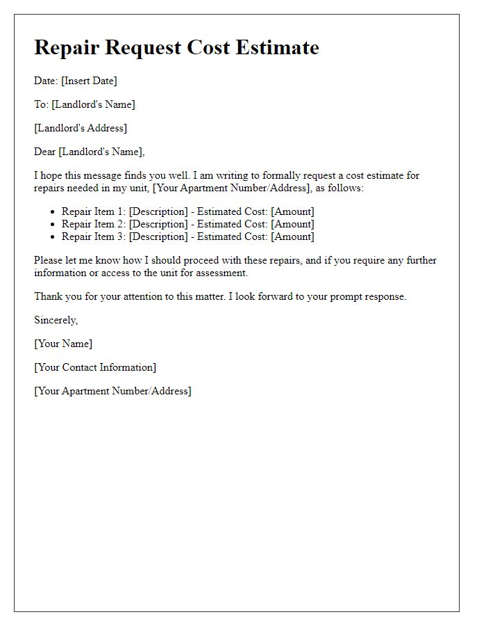Letter template of tenant repair request cost estimate.