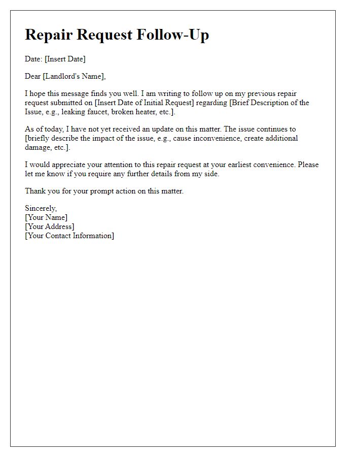 Letter template of tenant repair request follow-up.