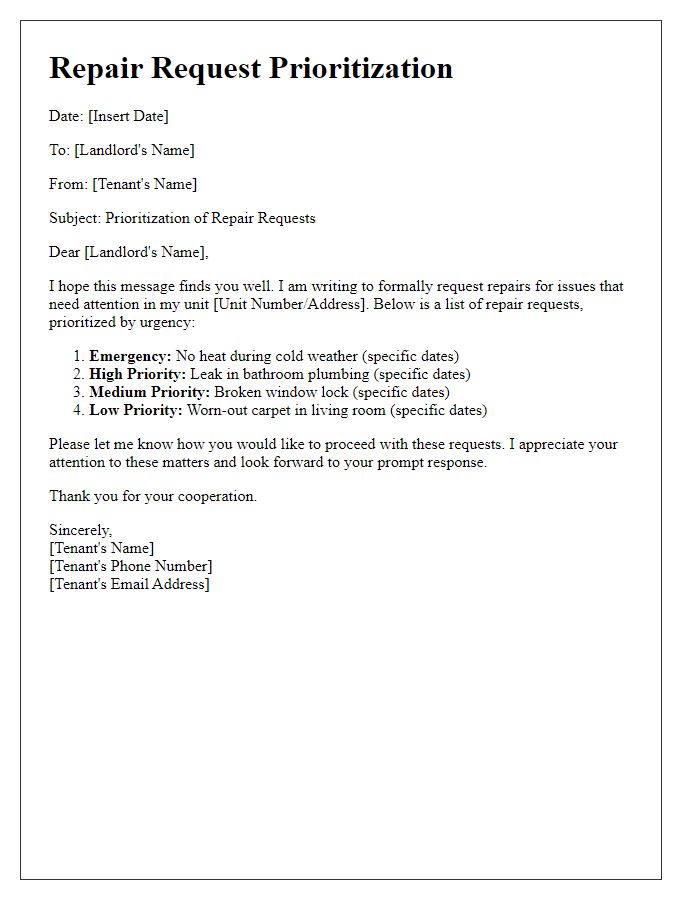 Letter template of tenant repair request prioritization.