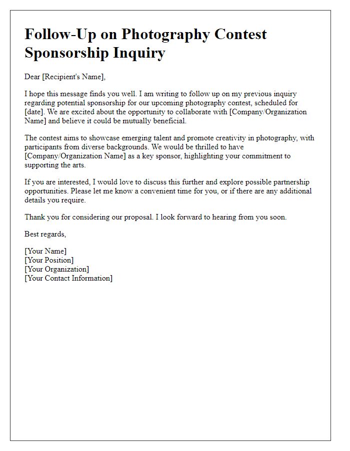 Letter template of follow-up on photography contest sponsorship inquiry